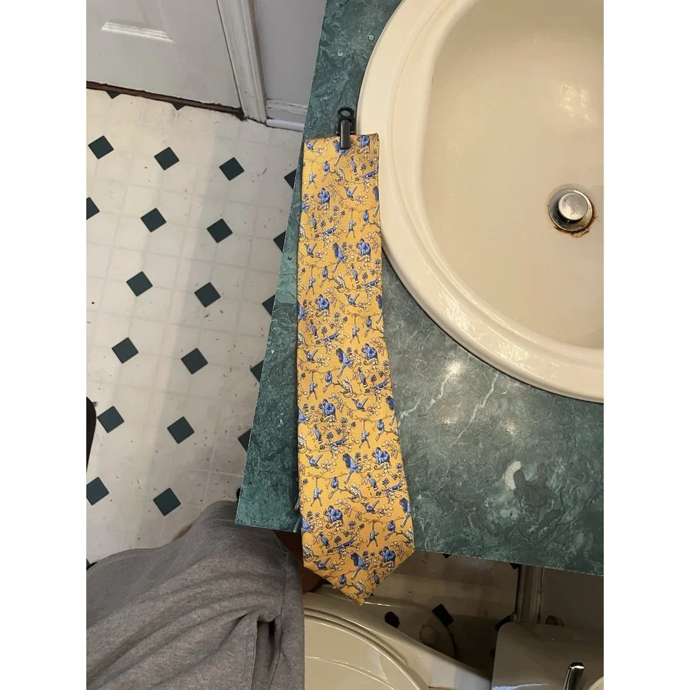 Alain Figaret Silk Tie Blue Monkey Floral Novelty Animal Pattern Made in France